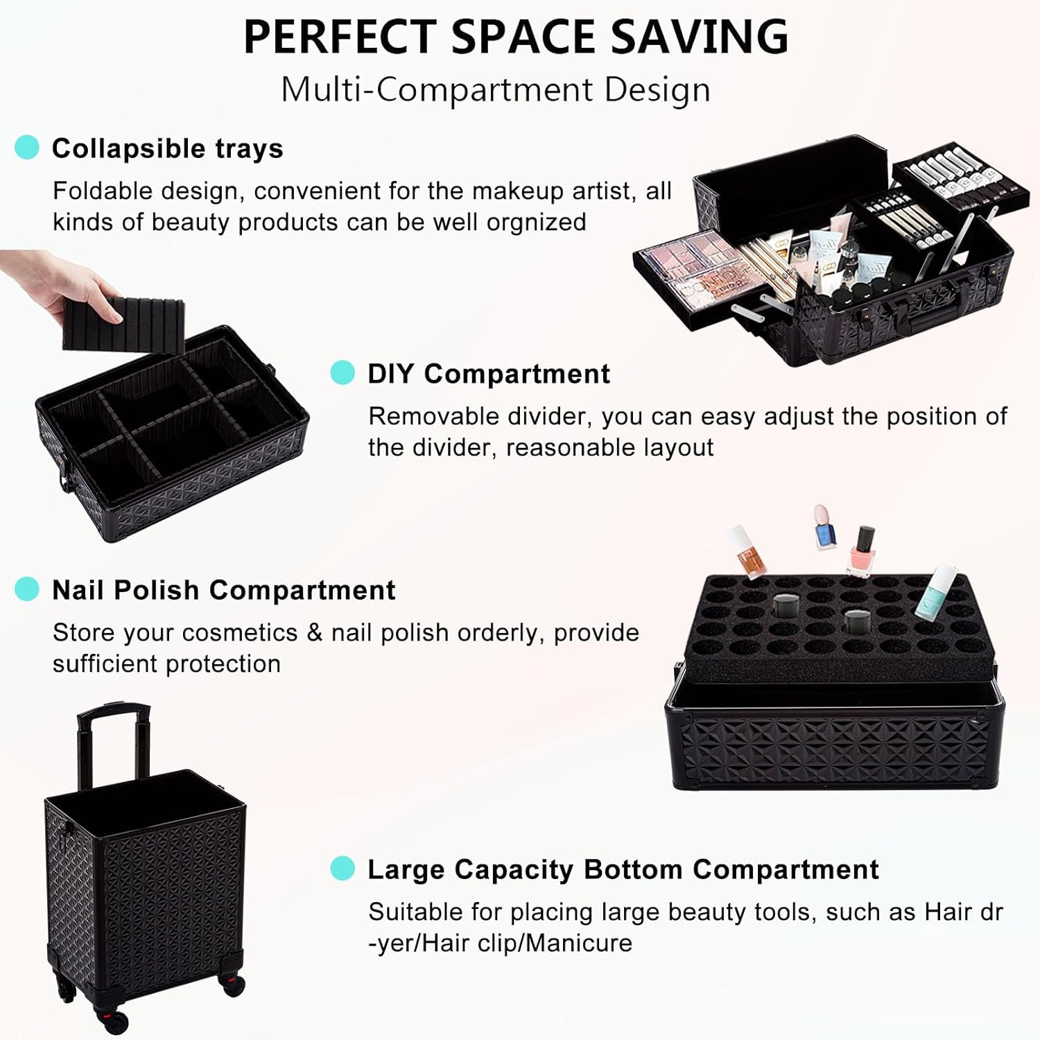 AROUS 5 in 1 Professional Makeup Train Case Aluminum Cosmetic Case Rolling Makeup Case Extra Large Trolley Makeup Travel Organizer, with 360° Swivel Wheels,Black - Image 6