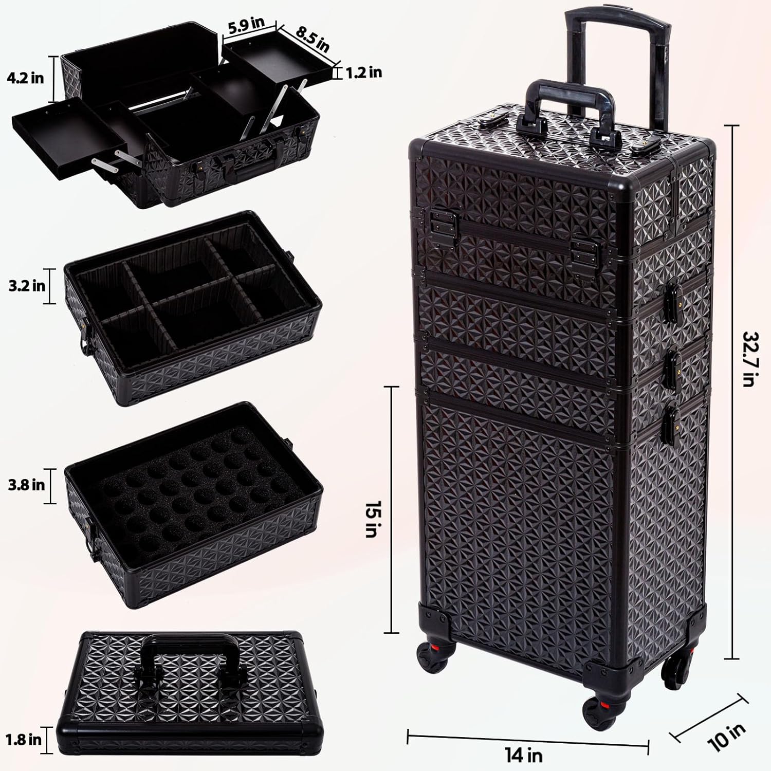 AROUS 5 in 1 Professional Makeup Train Case Aluminum Cosmetic Case Rolling Makeup Case Extra Large Trolley Makeup Travel Organizer, with 360° Swivel Wheels,Black - Image 5