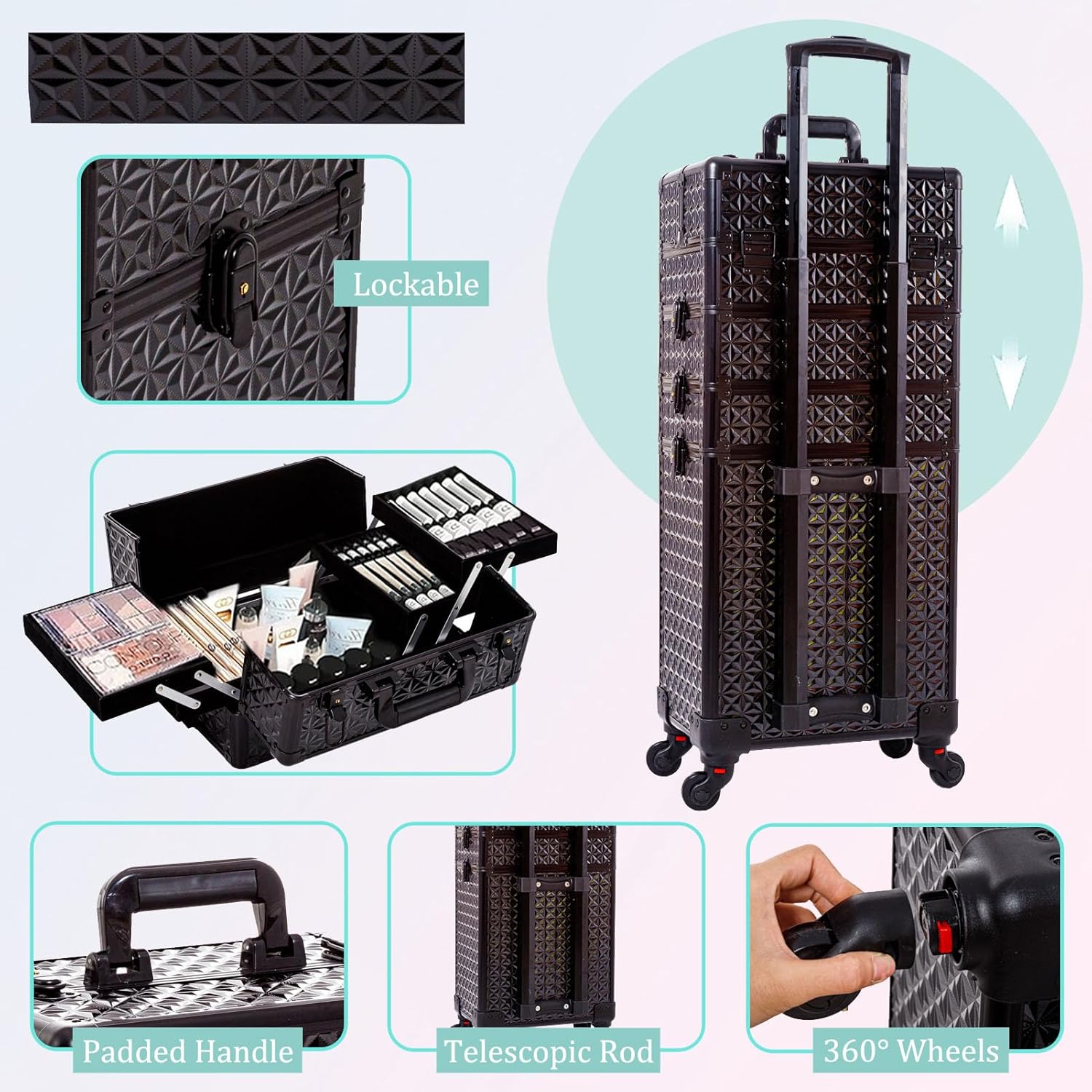 AROUS 5 in 1 Professional Makeup Train Case Aluminum Cosmetic Case Rolling Makeup Case Extra Large Trolley Makeup Travel Organizer, with 360° Swivel Wheels,Black - Image 4