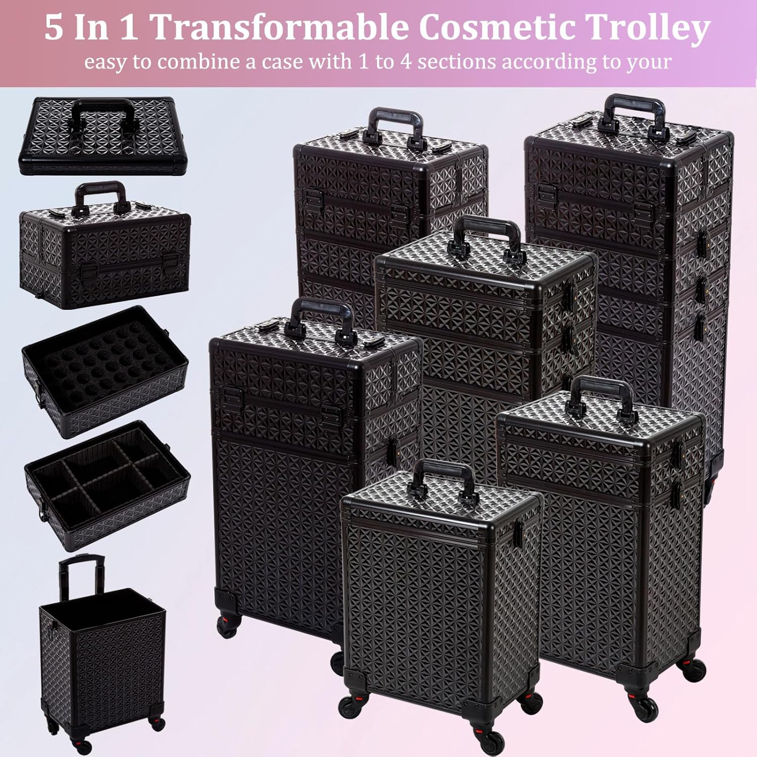 AROUS 5 in 1 Professional Makeup Train Case Aluminum Cosmetic Case Rolling Makeup Case Extra Large Trolley Makeup Travel Organizer, with 360° Swivel Wheels,Black - Image 3
