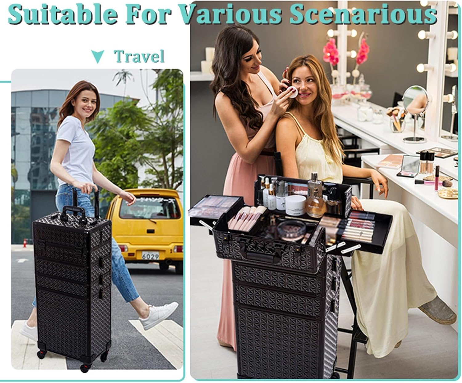 AROUS 5 in 1 Professional Makeup Train Case Aluminum Cosmetic Case Rolling Makeup Case Extra Large Trolley Makeup Travel Organizer, with 360° Swivel Wheels,Black - Image 2