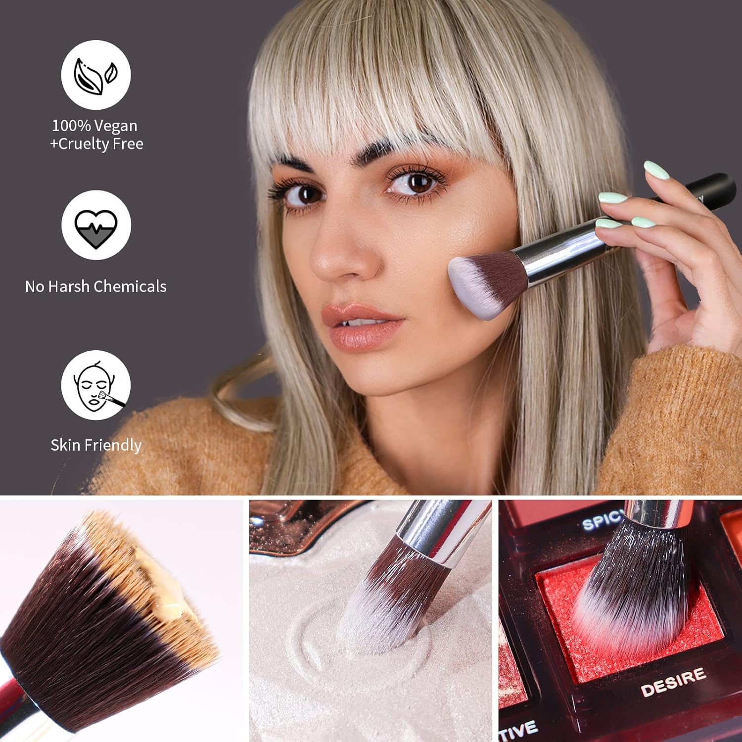 BEAKEY Professional Makeup Brush Set with 2 Blending Sponges for Face and Eyes - Image 3
