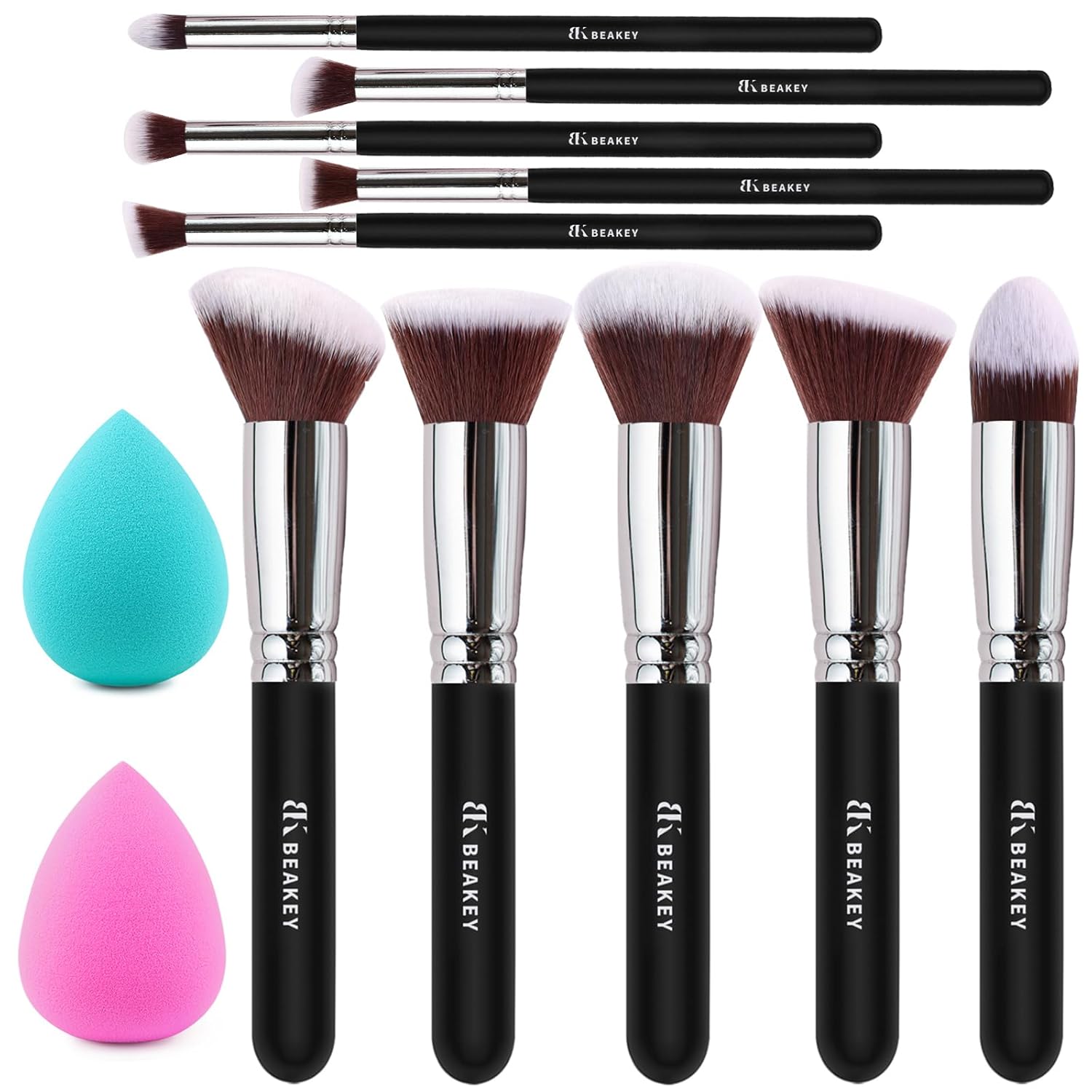 BEAKEY Professional Makeup Brush Set with 2 Blending Sponges for Face and Eyes
