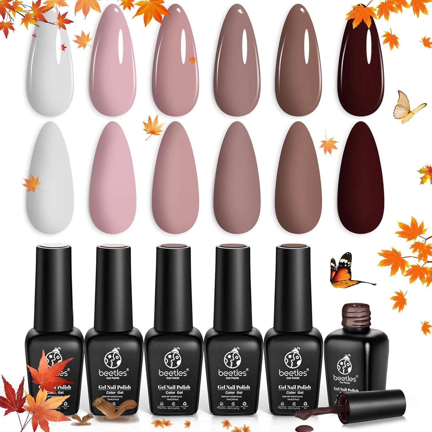 Beetles Fall Gel Nail Polish Set Brown Beige Mauve Pink Nude White Neutral 6 Colors Coffee Cafe Collection Gel Nail Polish Kit for Nail Art Manicure Soak Off Uv LED Nail Lamp Gel Gifts Set