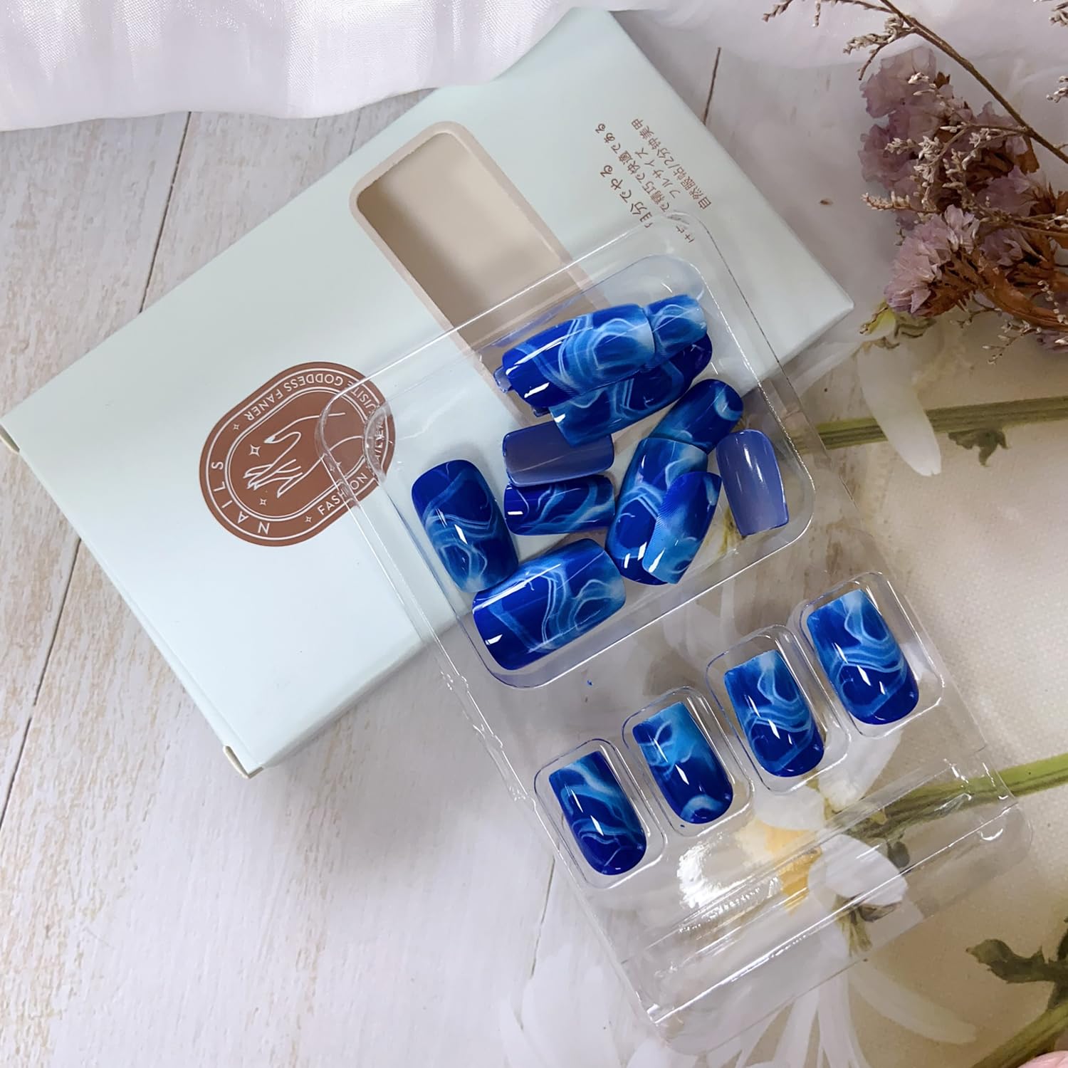 Blue Gradient Medium Length Press-On Square Nails with Designs - Reusable Summer Style - Image 6