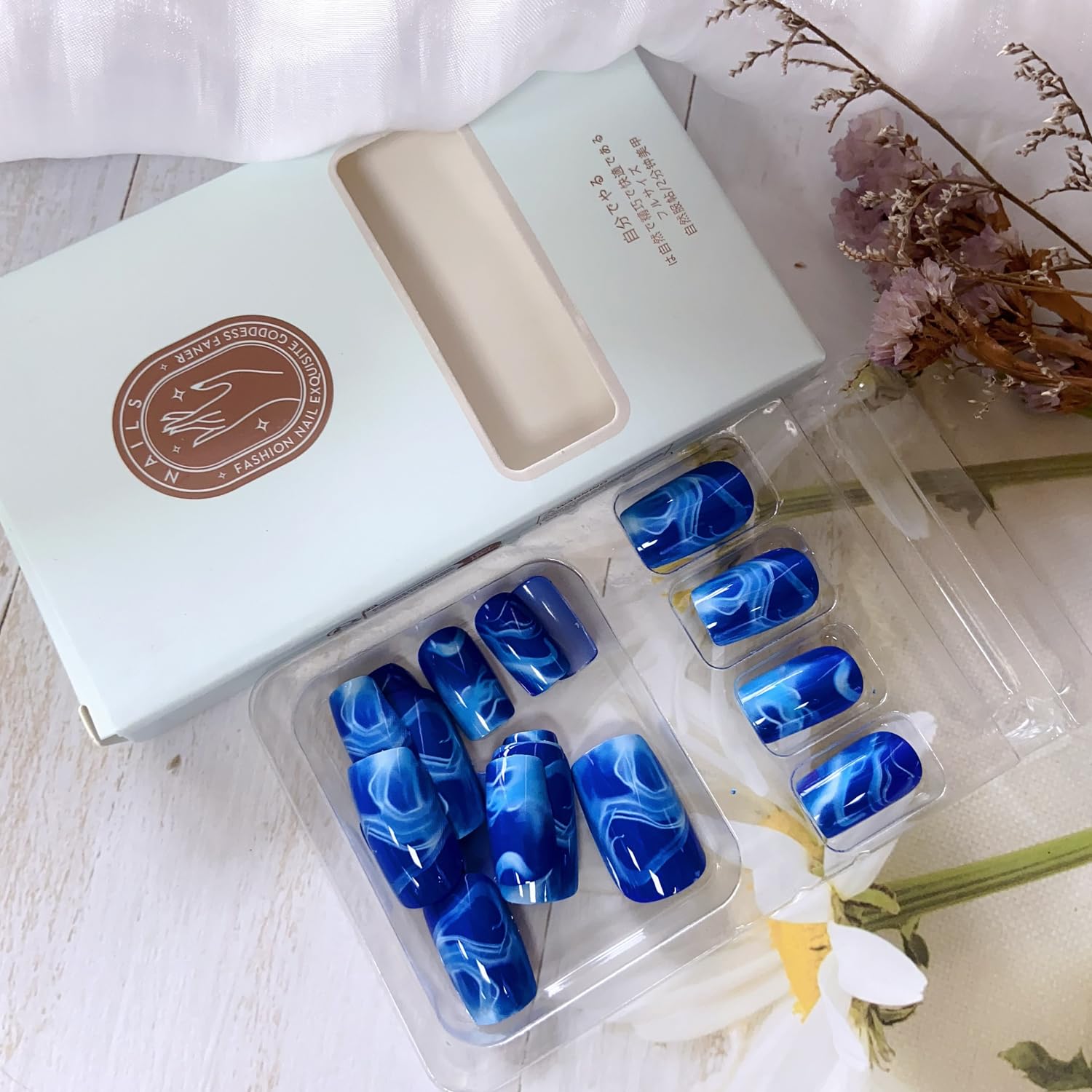 Blue Gradient Medium Length Press-On Square Nails with Designs - Reusable Summer Style - Image 5