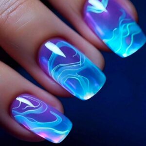 Blue Gradient Medium Length Press-On Square Nails with Designs - Reusable Summer Style