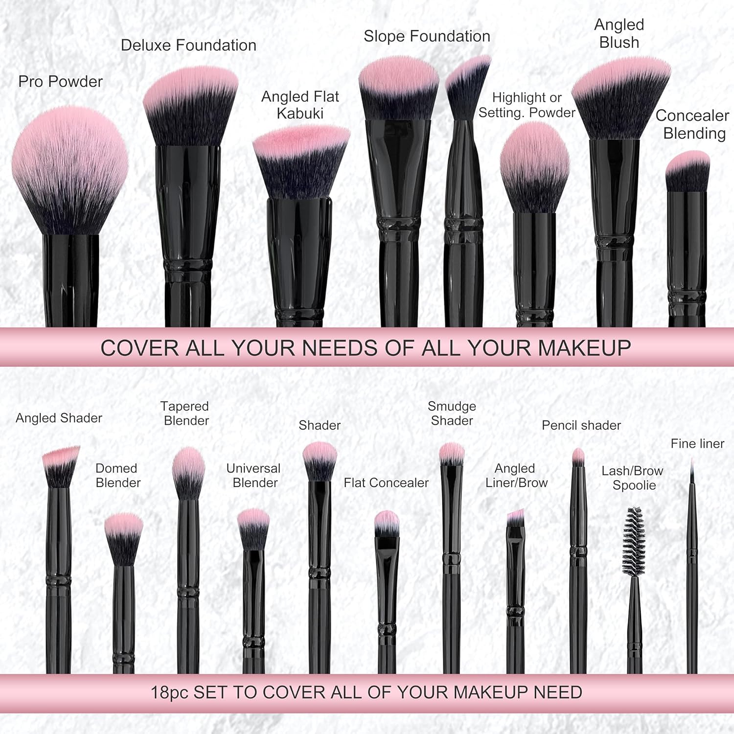 Bueart Design 18Pcs Fuchsia Pink & Black Makeup Brush Set with Travel Case - Image 3