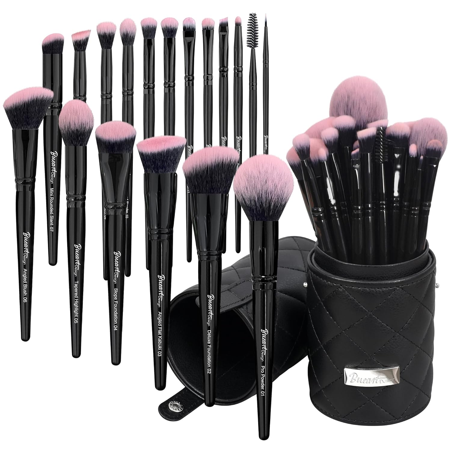 Bueart Design 18Pcs Fuchsia Pink & Black Makeup Brush Set with Travel Case