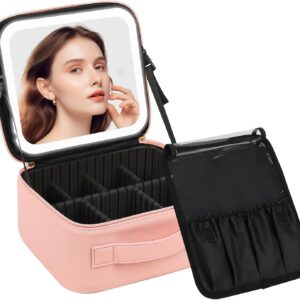 Chomeiu Pink Makeup Bag with LED Mirror, Adjustable Dividers & Brush Holder