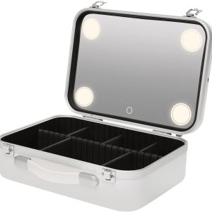 CNCEST Makeup Case with LED Lights,Makeup Train Case Cosmetic Organizer Box with Lights and Mirror,Makeup Case with Customized Dividers,Large Makeup Artist Organizer Kit (white)