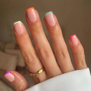 Colorful French Tip Short Square Press-On Nails Kit - 24 Pcs Nude Pink