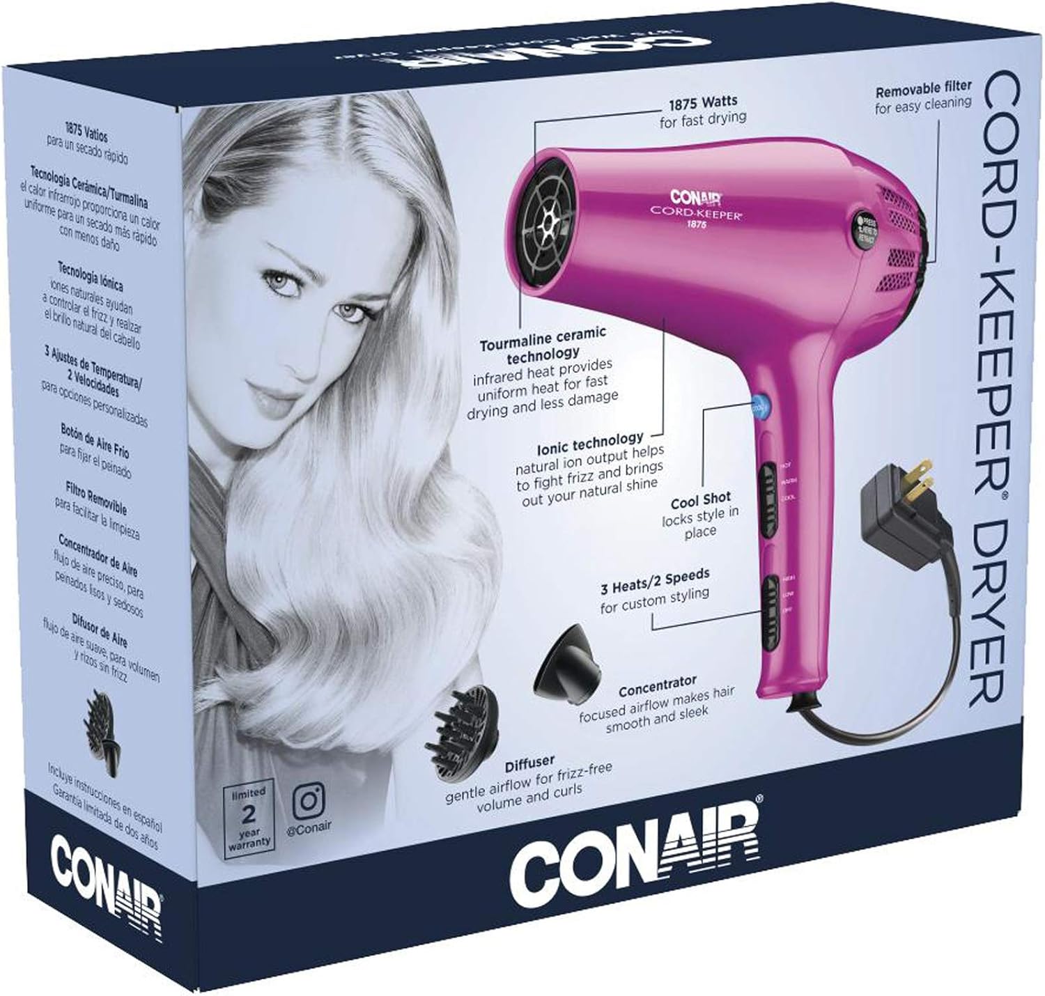 Conair 1875W Pink Hair Dryer with Retractable Cord - Image 8