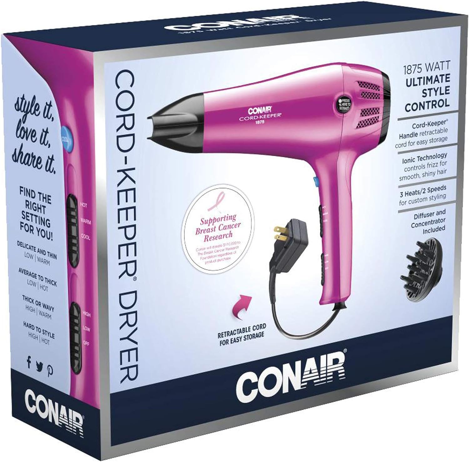 Conair 1875W Pink Hair Dryer with Retractable Cord - Image 7