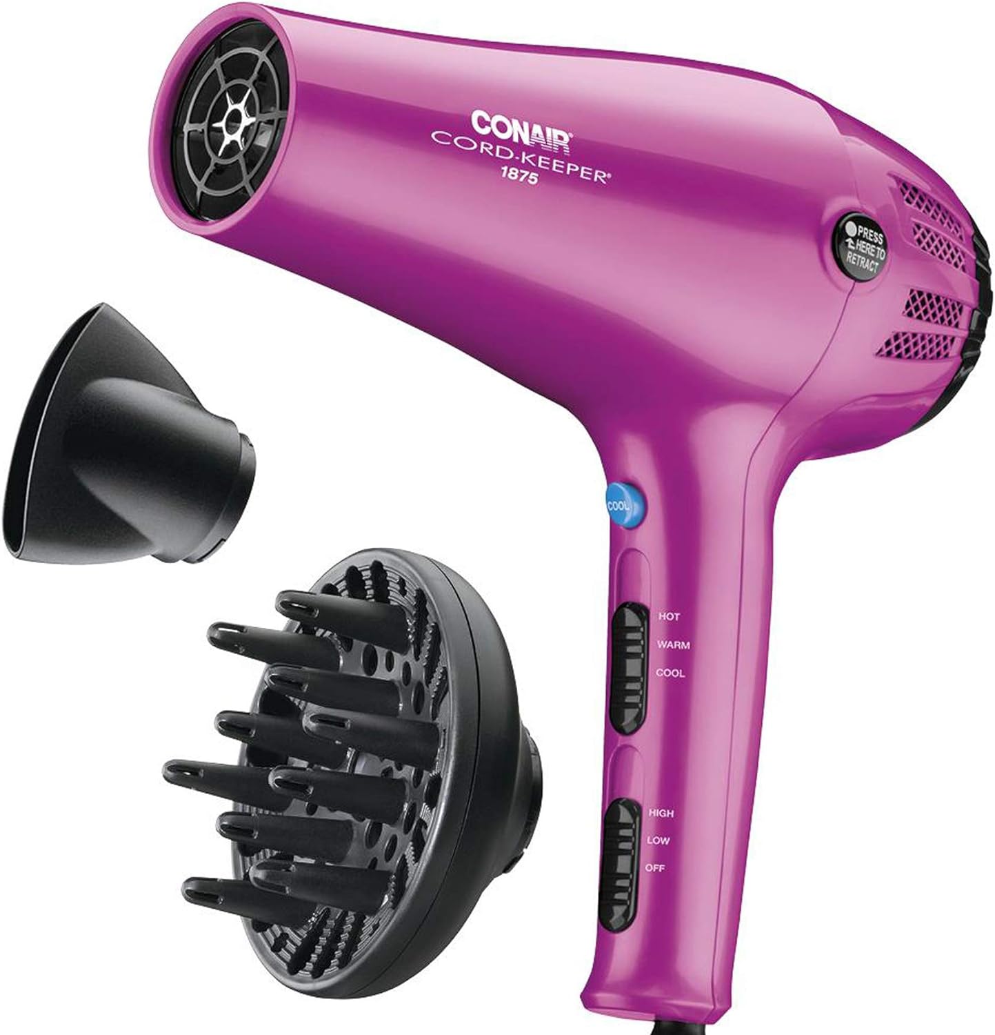 Conair 1875W Pink Hair Dryer with Retractable Cord