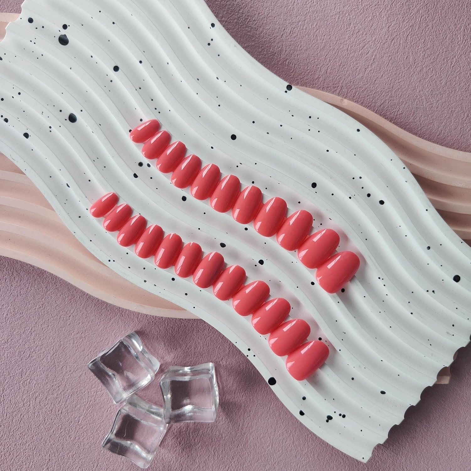Coral Press On Nails Set - Short Oval and Almond Thick Acrylic for All Nail Beds - Image 5
