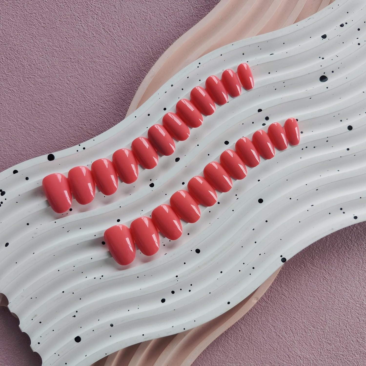 Coral Press On Nails Set - Short Oval and Almond Thick Acrylic for All Nail Beds - Image 3