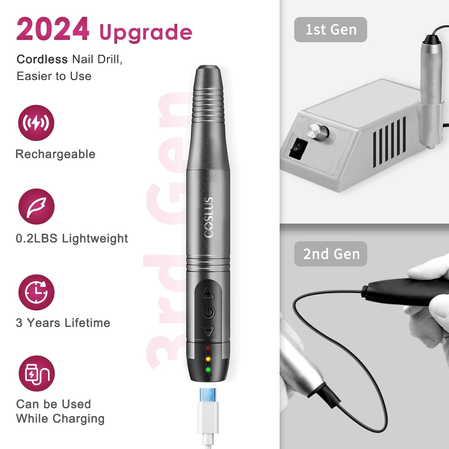 COSLUS Cordless Nail Drill Kit for Acrylic Gel Dip Nails, Rechargeable & Lightweight - Image 3