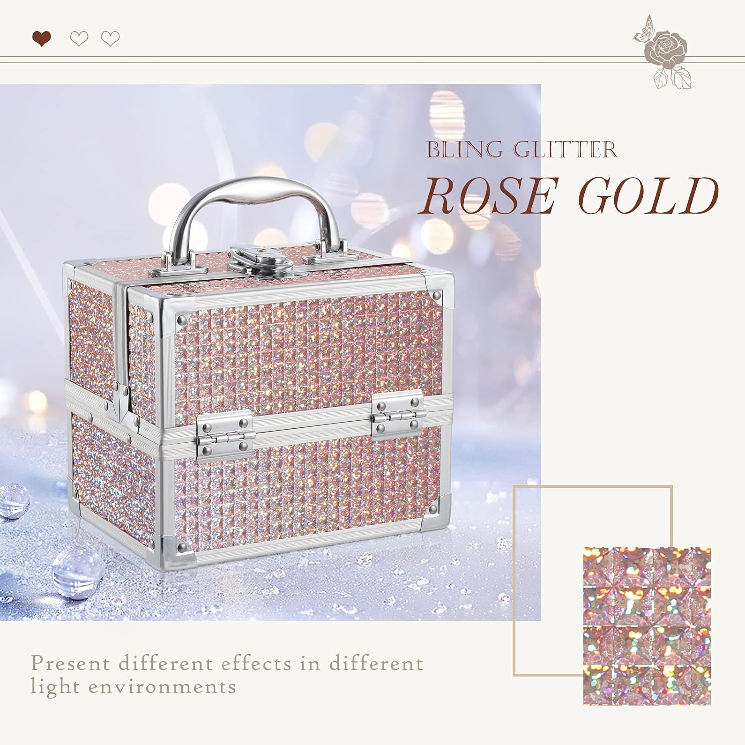 Costravio Rose Gold Makeup Train Case with 2 Trays, Mirror, Lockable Storage - Image 5