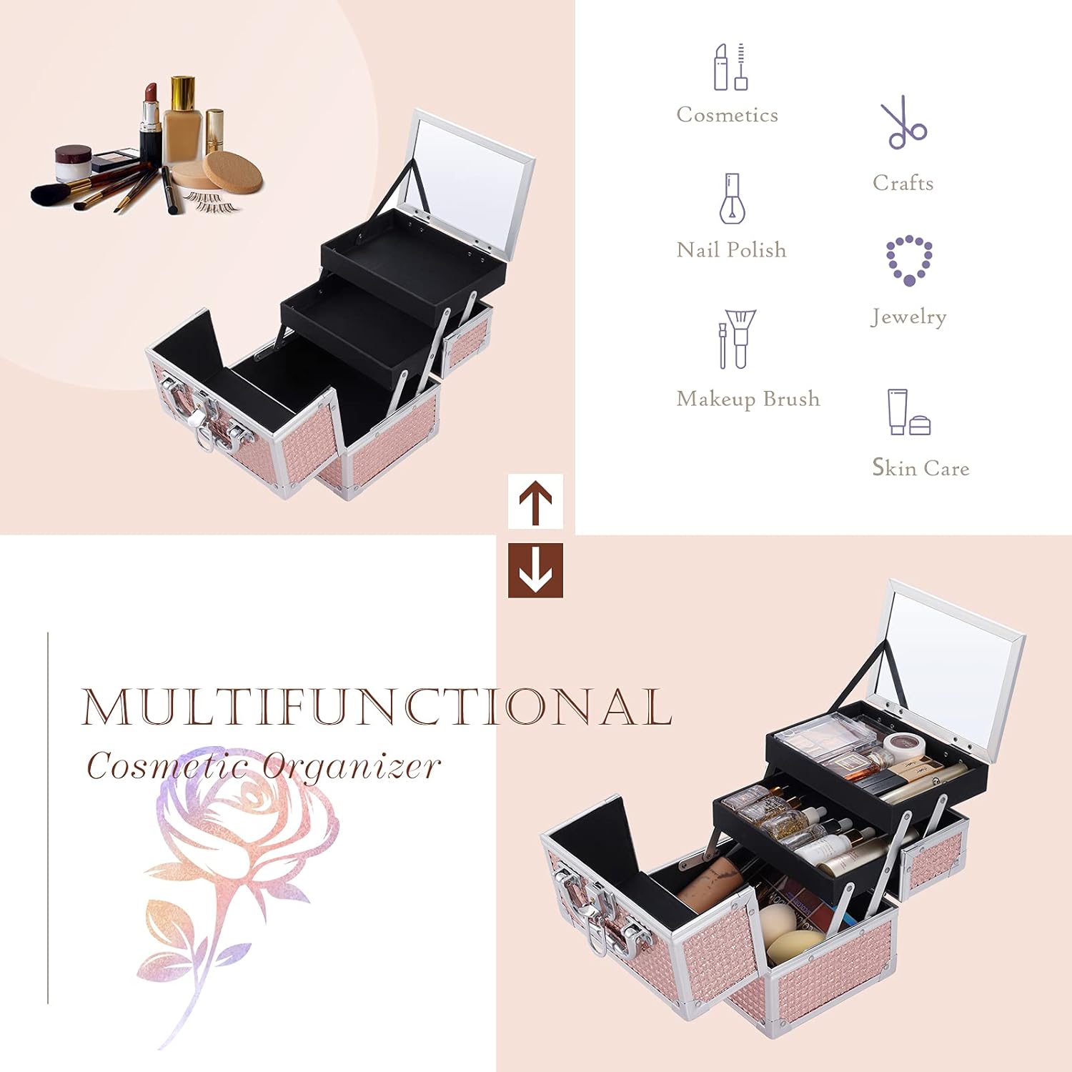 Costravio Rose Gold Makeup Train Case with 2 Trays, Mirror, Lockable Storage - Image 4