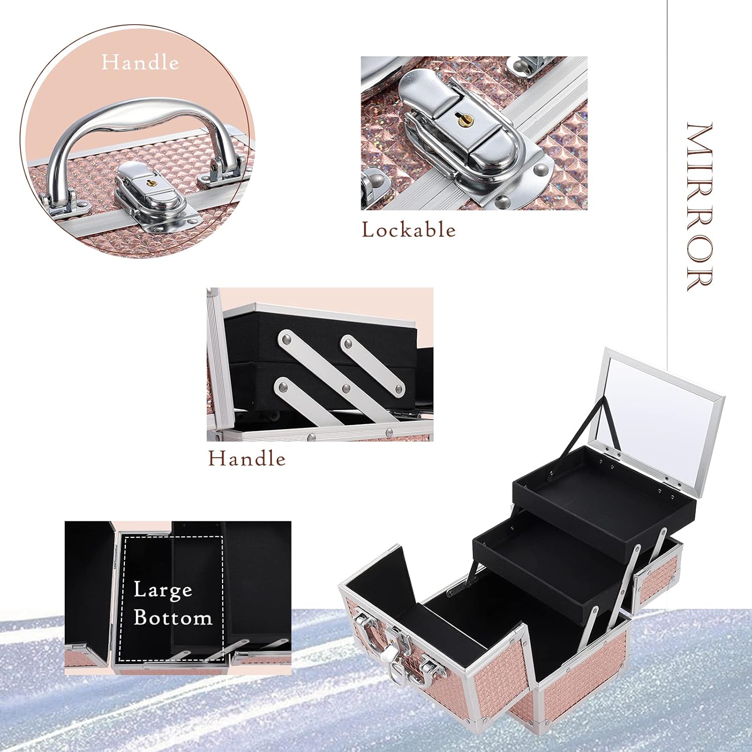Costravio Rose Gold Makeup Train Case with 2 Trays, Mirror, Lockable Storage - Image 3