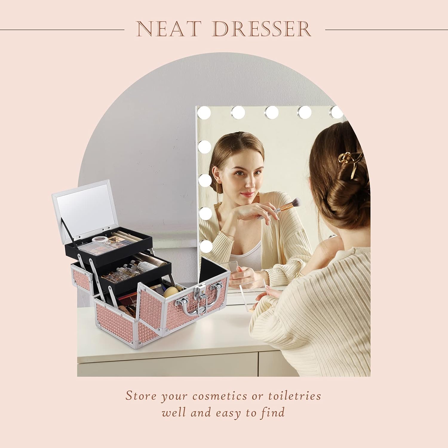 Costravio Rose Gold Makeup Train Case with 2 Trays, Mirror, Lockable Storage - Image 2
