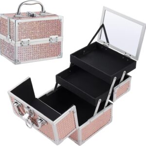 Costravio Rose Gold Makeup Train Case with 2 Trays, Mirror, Lockable Storage