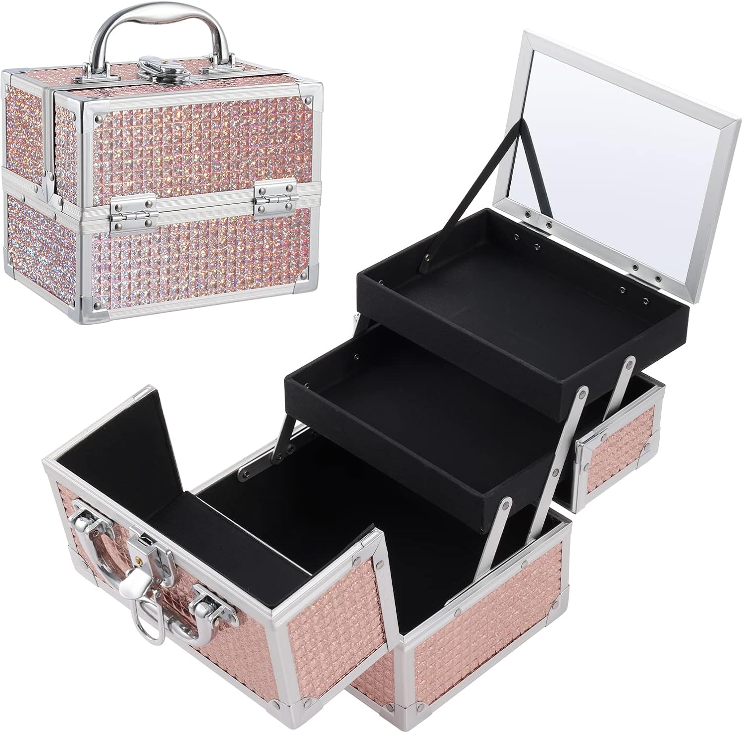 Costravio Rose Gold Makeup Train Case with 2 Trays, Mirror, Lockable Storage