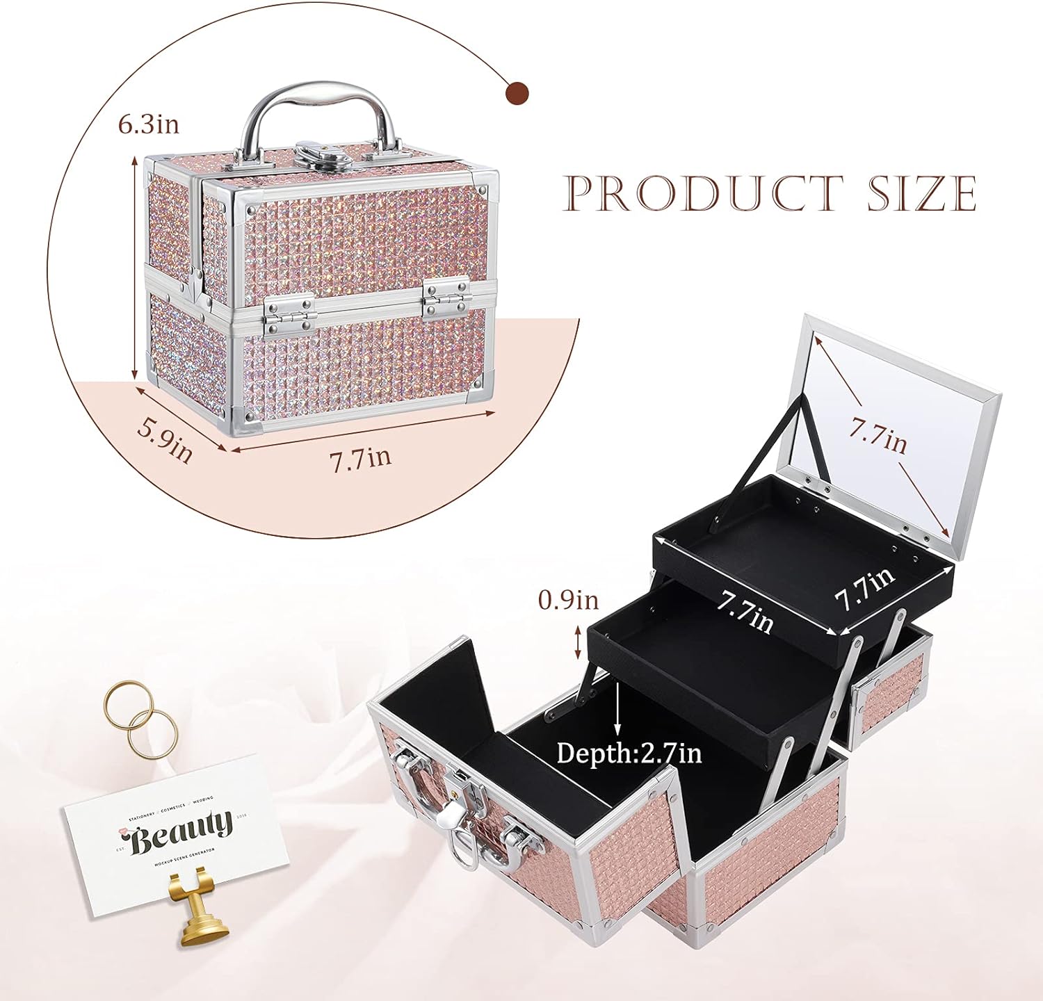 Costravio Rose Gold Makeup Train Case with 2 Trays, Mirror, Lockable Storage - Image 6