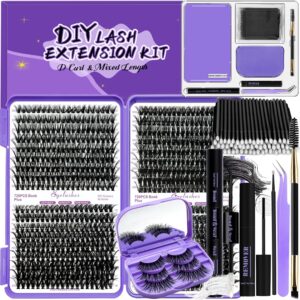 DIY Lash Extension Kit 720Pcs D Curl Individual Lash Clusters+3 Pairs Faux Mink Lashes with Mirror Storage Box Lash Bond&Seal Glue Remover Tweezers Lash Brush Applicator