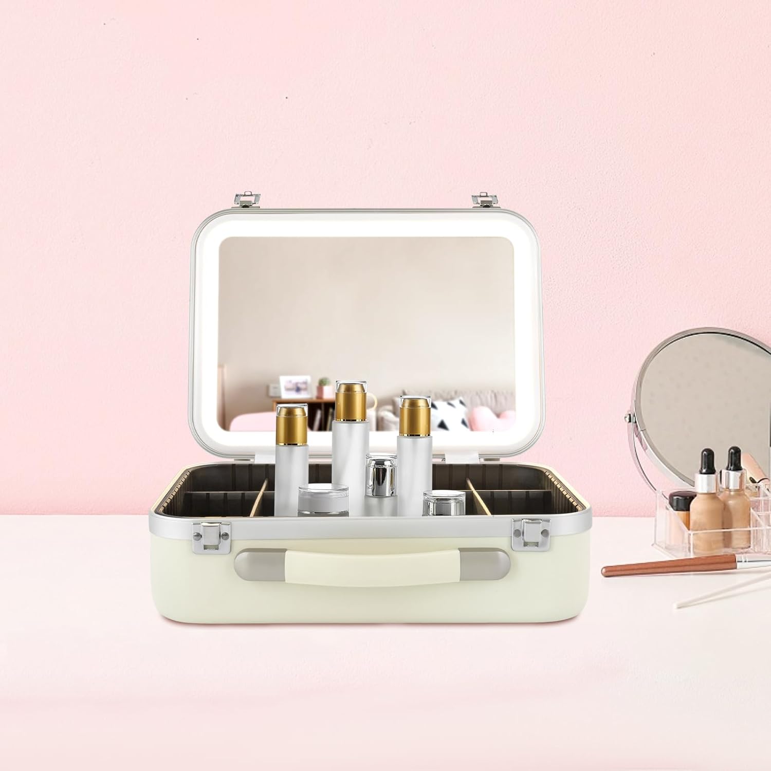 DNYSYSJ Makeup Train Case, Cosmetic Organizer Box, Makeup Case with Lights and Mirror, Makeup Case with Customized Dividers, Large Makeup Artist Organizer Kit - Image 7