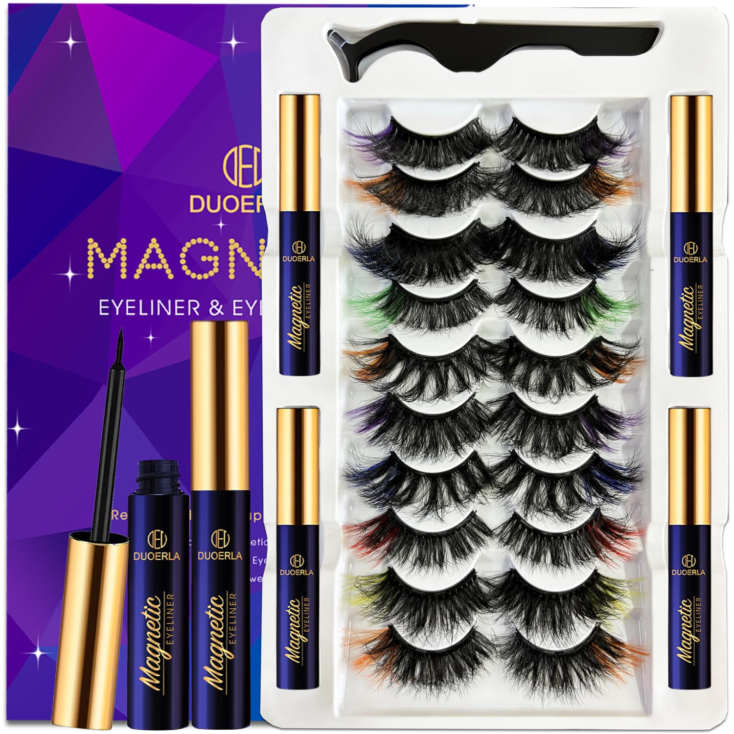 DUOERLA Magnetic Eyelashes with Eyeliner Kit, Colored Eyelashes Fluffy Mink Lashes Cat-Eye Look 18-23MM Wispy Long 8D Luxury Volume Fake Eyelash 10 Pairs Cruelty-Free&Vegan black