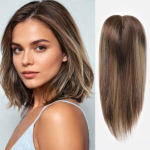 DWY 100% Human Hair Toppers for Women,Mono Top Hand-Tied Lace Base Three Clips in Topper,Hair Loss Cover No Bangs Topper,Hair Extensions for Thinning Hair,Ombre Brown Highlight(14inch)