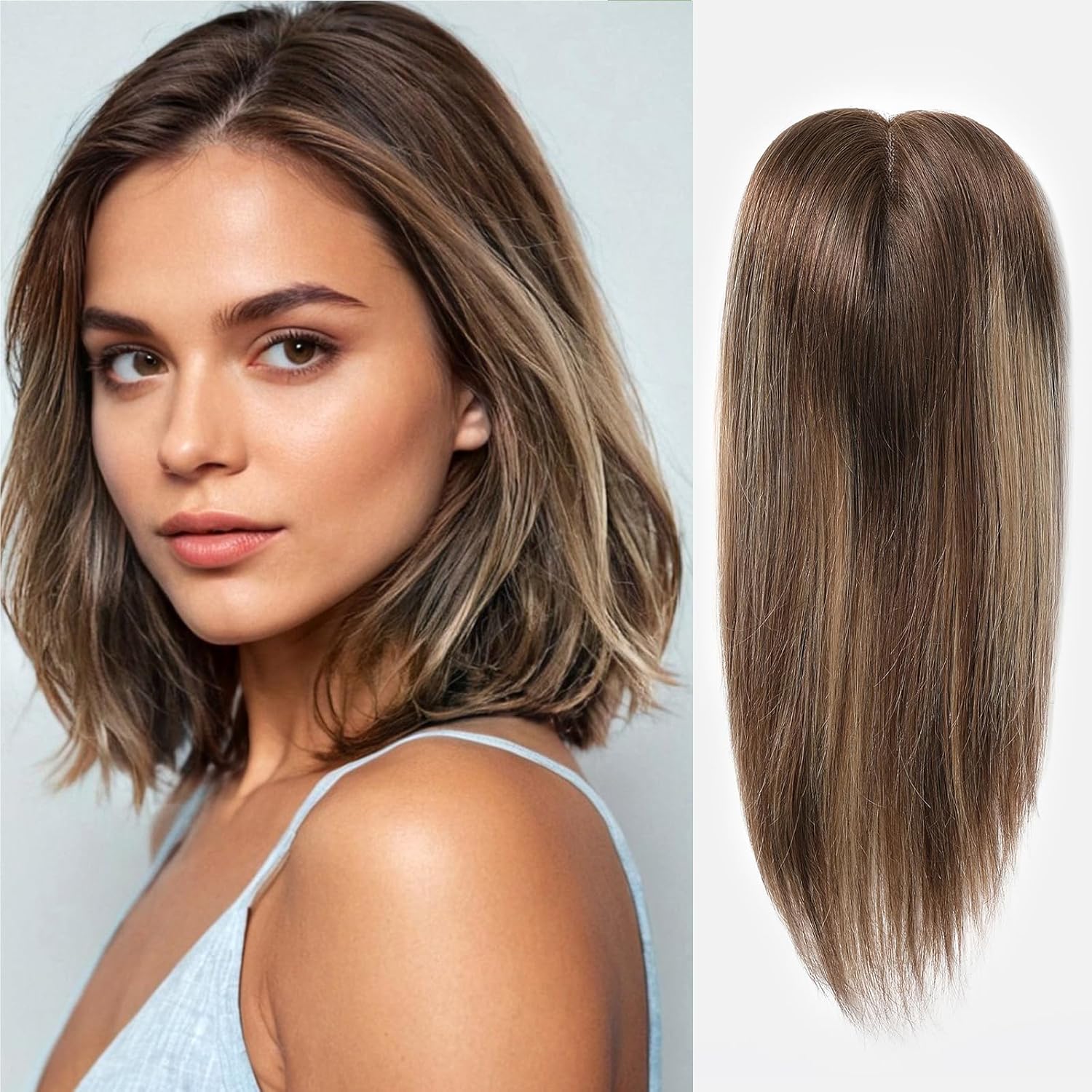 DWY 100% Human Hair Toppers for Women,Mono Top Hand-Tied Lace Base Three Clips in Topper,Hair Loss Cover No Bangs Topper,Hair Extensions for Thinning Hair,Ombre Brown Highlight(14inch)