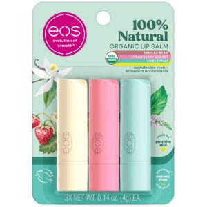 Eos Organic Lip Balm Trio: Vanilla, Mint & Strawberry for Sensitive Skin, 3-Pack