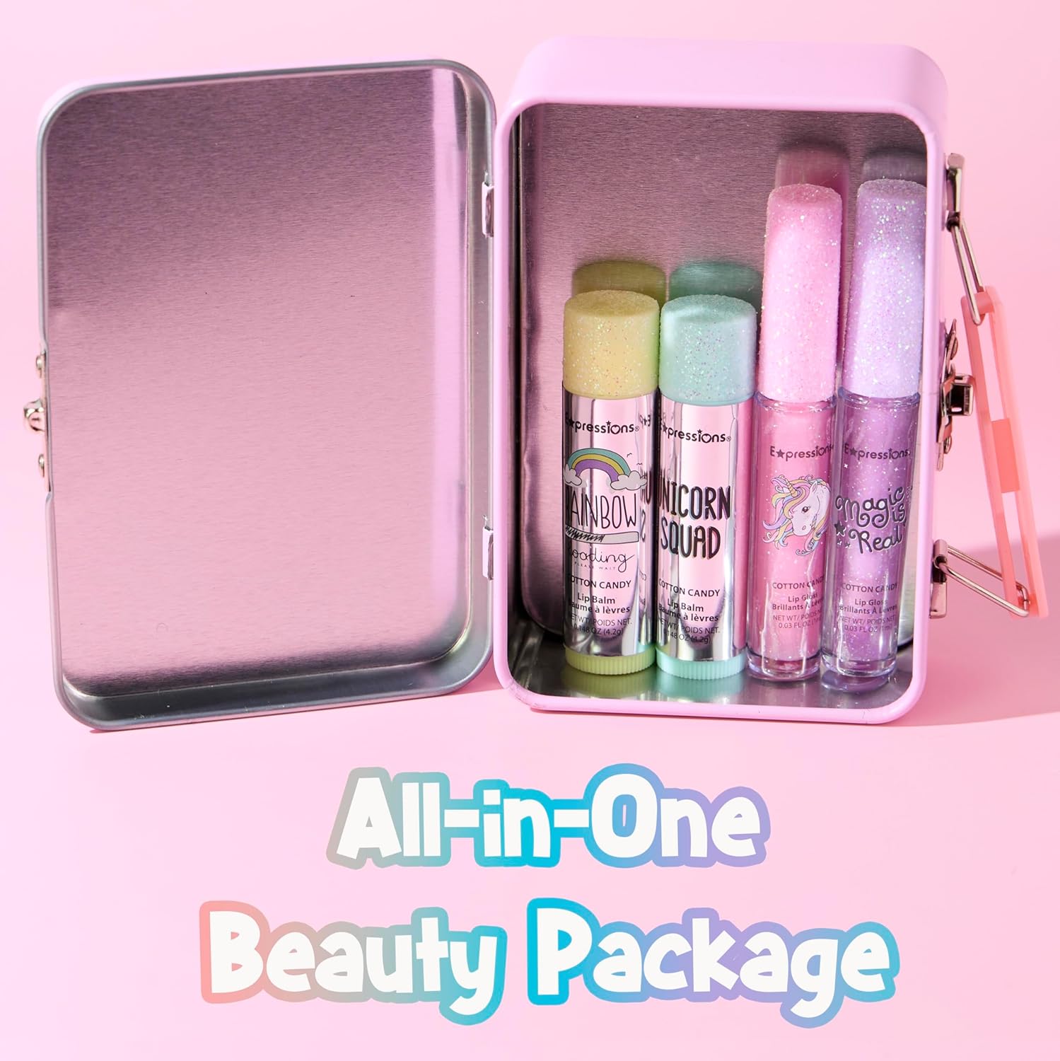 Expressions - 5pc Cosmetics Lip Kit For Kids w/Lip Glosses, Lip Balms & Tin Box Storage Case,I Believe in Unicorns Hologrpahic,Washable + Non Toxic - Image 4