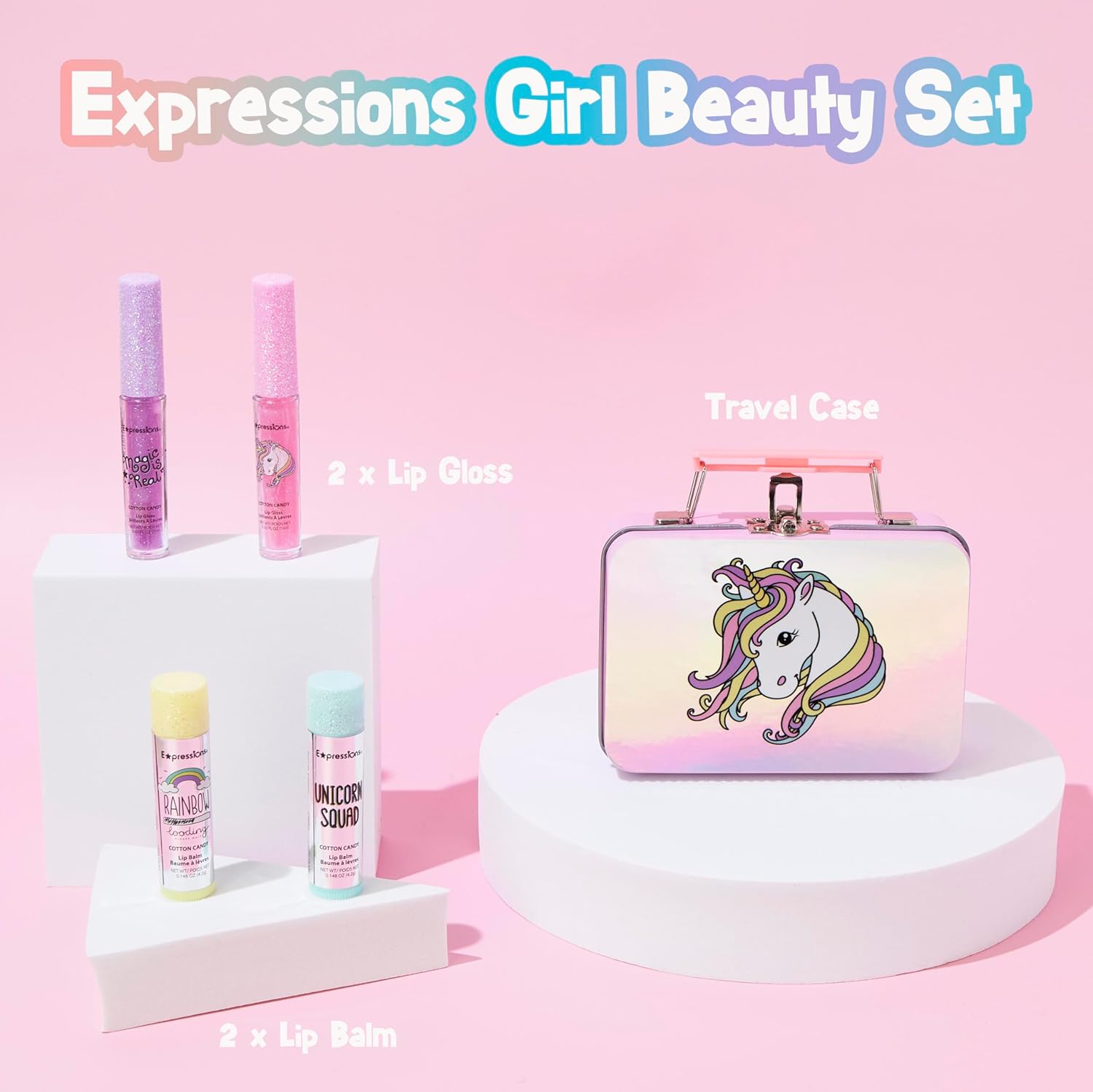 Expressions - 5pc Cosmetics Lip Kit For Kids w/Lip Glosses, Lip Balms & Tin Box Storage Case,I Believe in Unicorns Hologrpahic,Washable + Non Toxic - Image 3