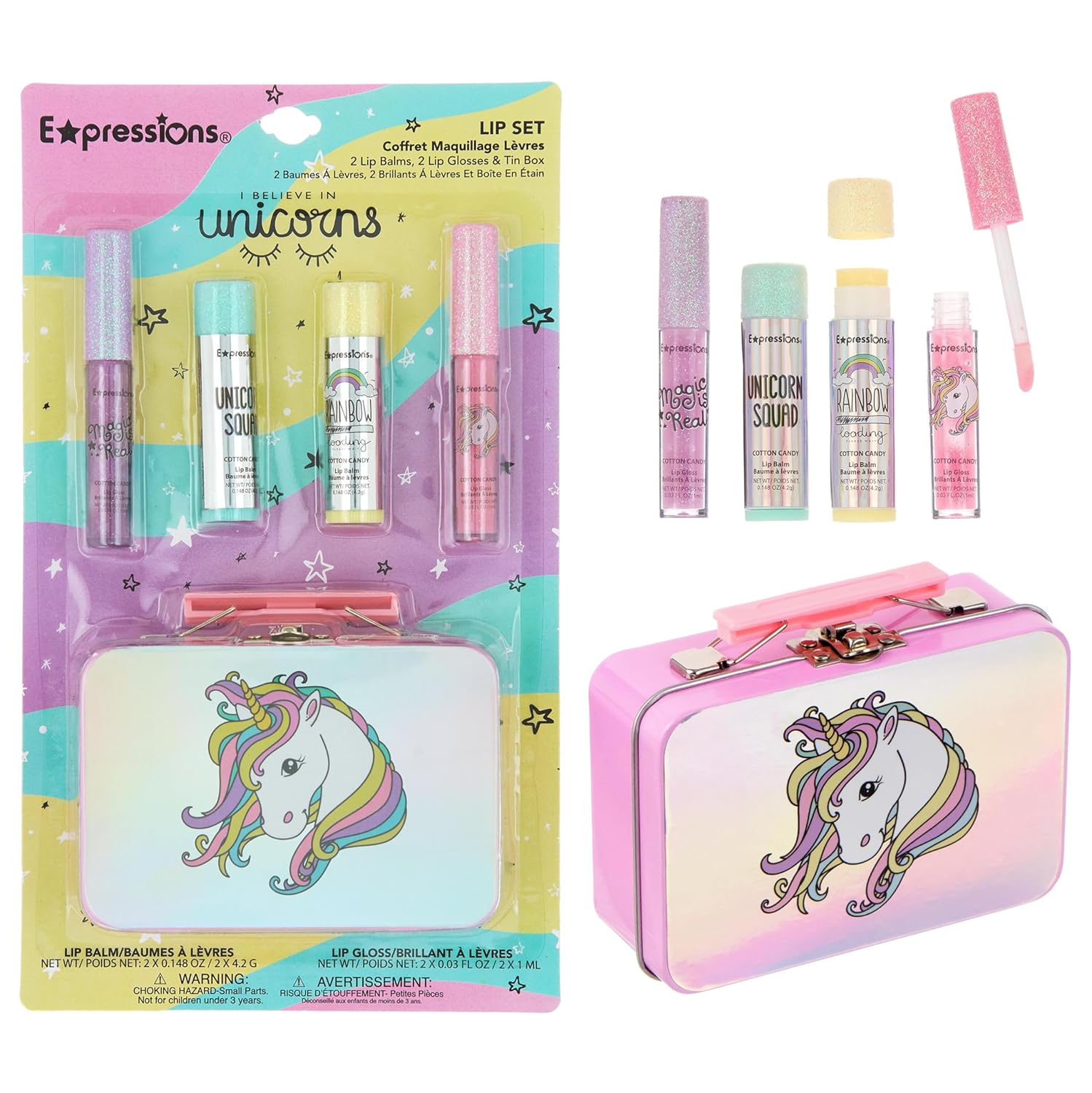 Expressions - 5pc Cosmetics Lip Kit For Kids w/Lip Glosses, Lip Balms & Tin Box Storage Case,I Believe in Unicorns Hologrpahic,Washable + Non Toxic - Image 2