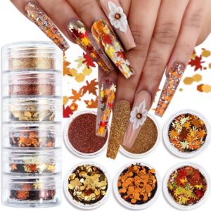 Fall Nail Art, 6 Boxes Fall Leaves Nail Glitters 3D Gold Maple Leaf Nail Sequins with Glitter Powder Gold Yellow Red Autumn Leaves Nail Art Flakes Thanksgiving Nails Design for Acrylic Nails