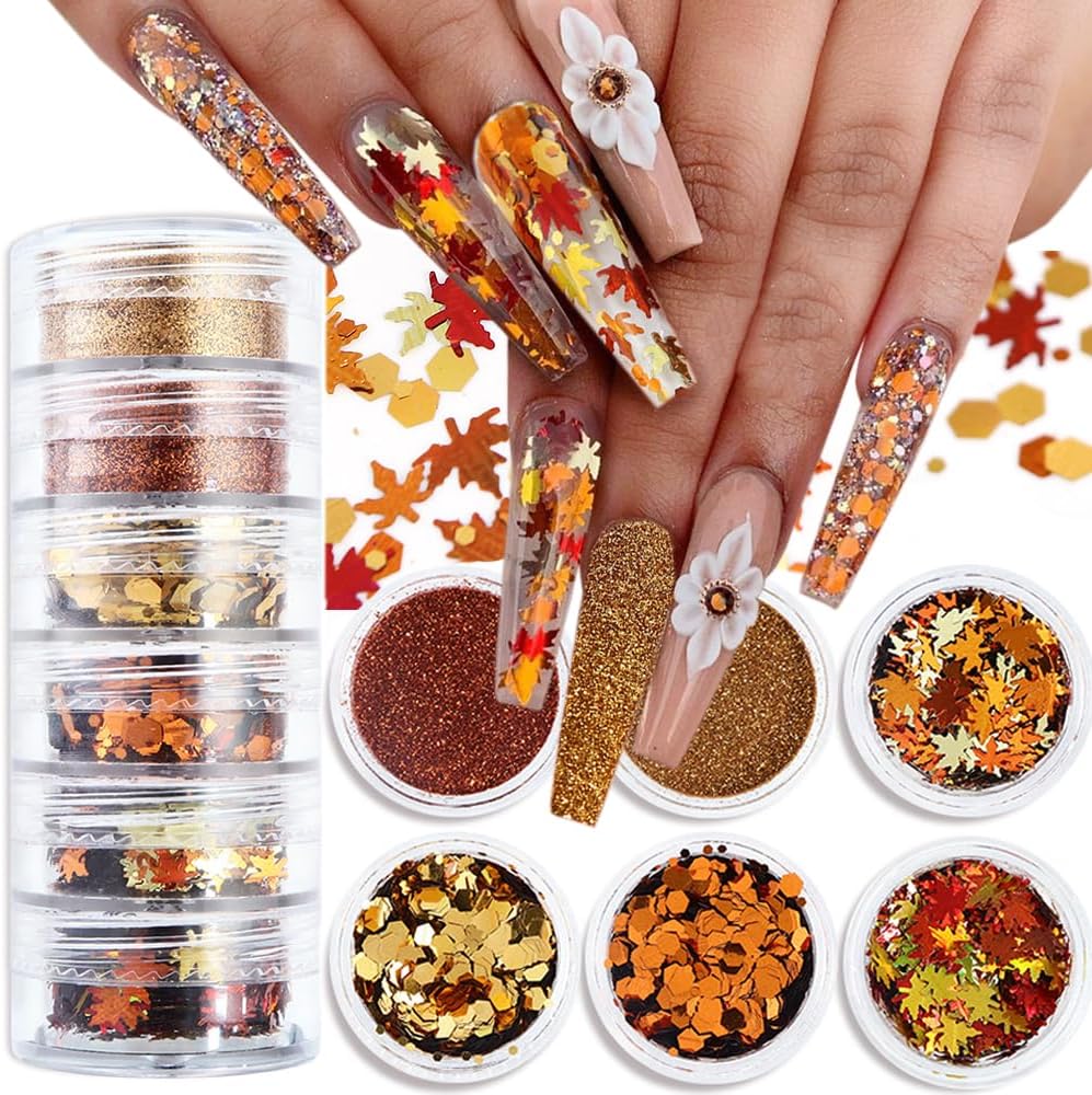 Fall Nail Art, 6 Boxes Fall Leaves Nail Glitters 3D Gold Maple Leaf Nail Sequins with Glitter Powder Gold Yellow Red Autumn Leaves Nail Art Flakes Thanksgiving Nails Design for Acrylic Nails