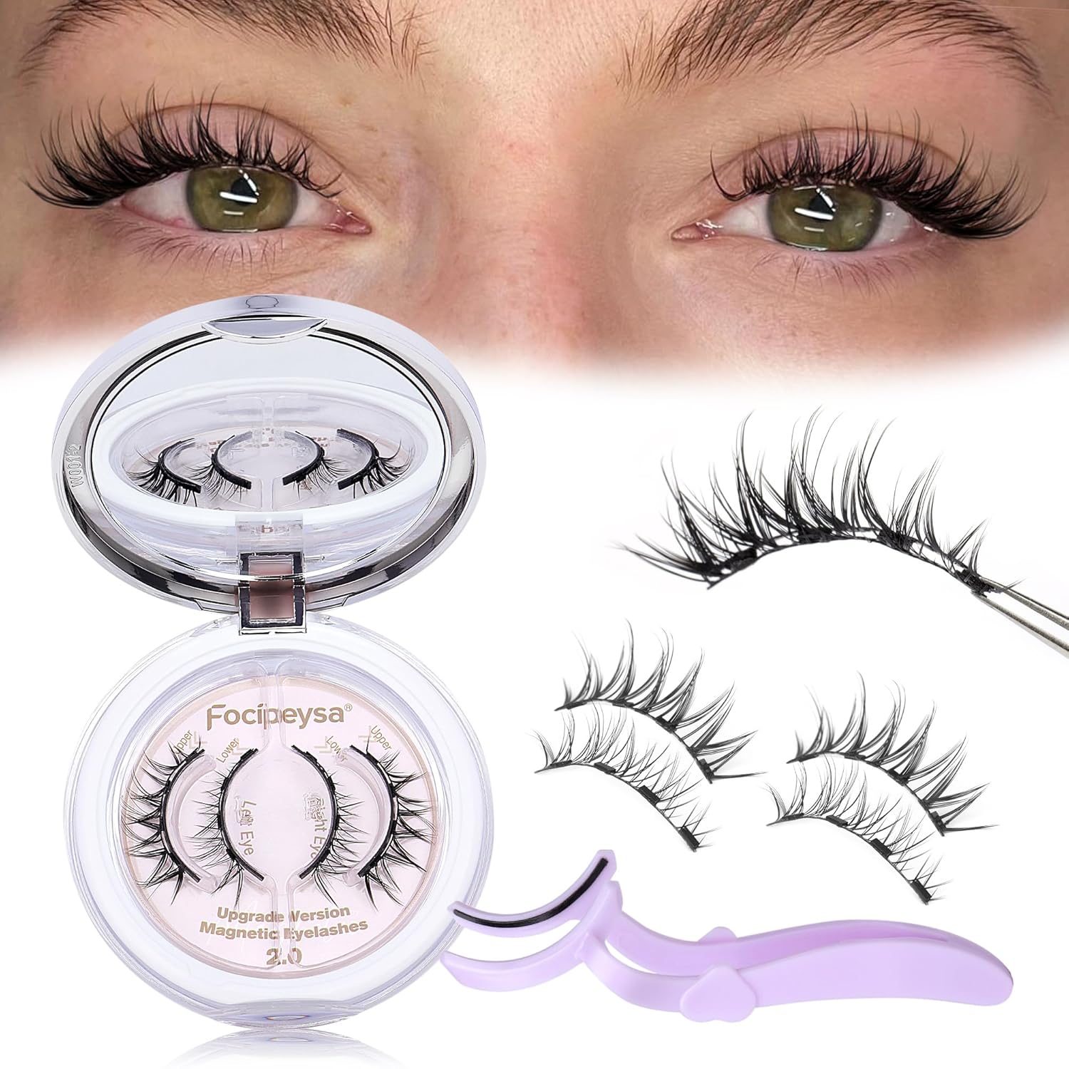 Focipeysa Magnetic Wispy Eyelashes Kit with Applicator - No Glue Needed, Easy Wear