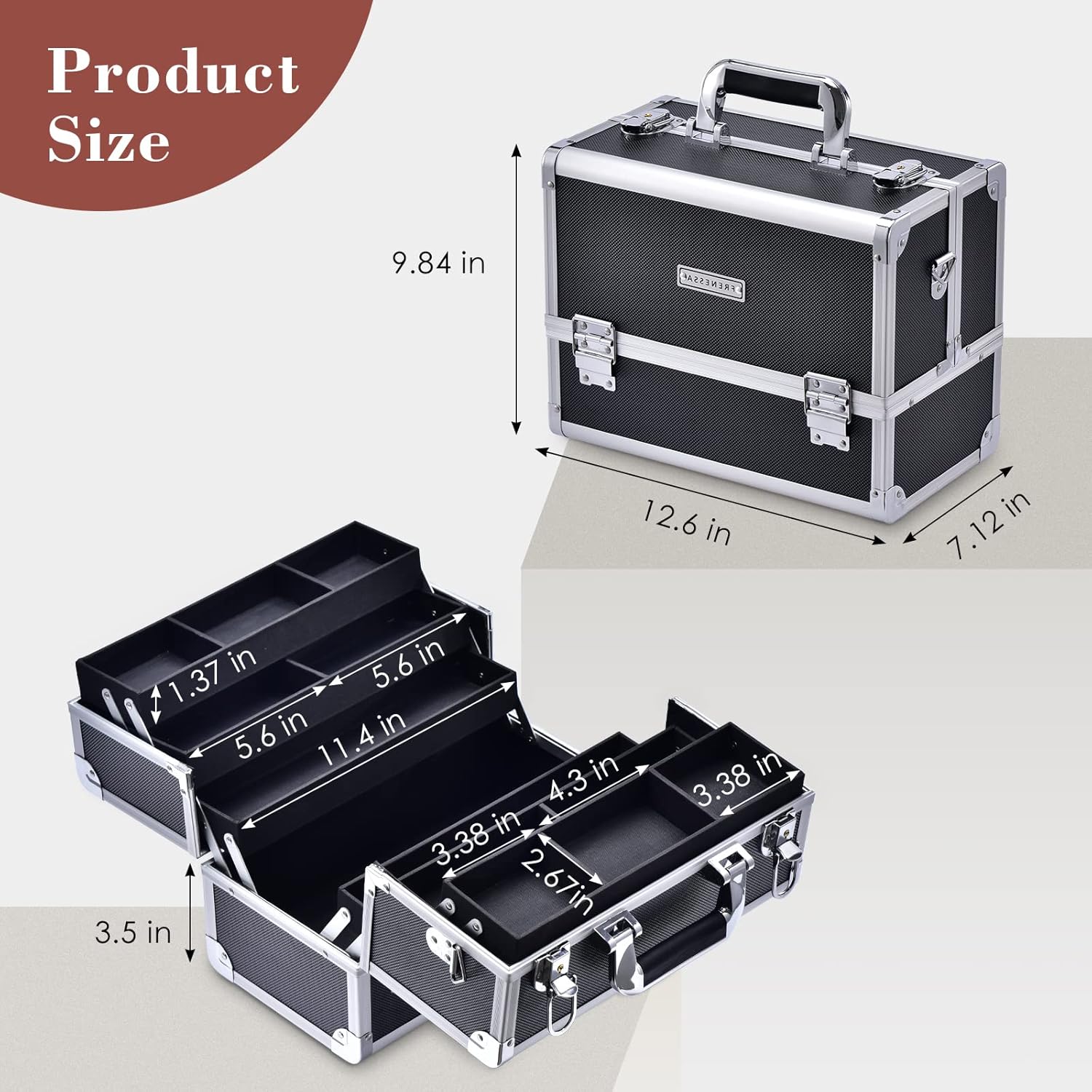 FRENESSA Large Makeup Train Case with 6 Tier Trays and Shoulder Strap - Black - Image 6