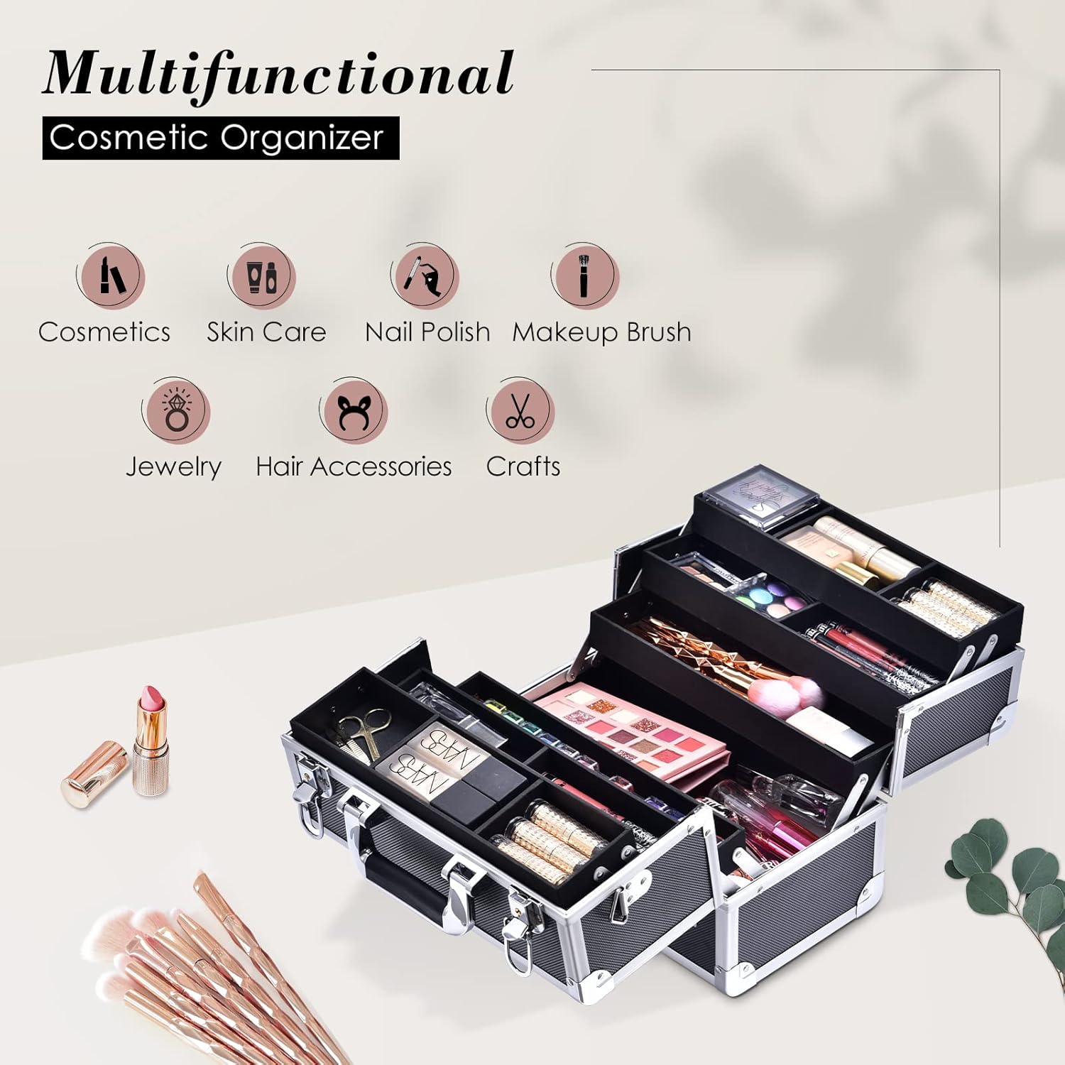 FRENESSA Large Makeup Train Case with 6 Tier Trays and Shoulder Strap - Black - Image 4
