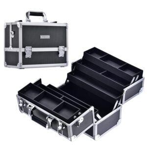 FRENESSA Large Makeup Train Case with 6 Tier Trays and Shoulder Strap - Black