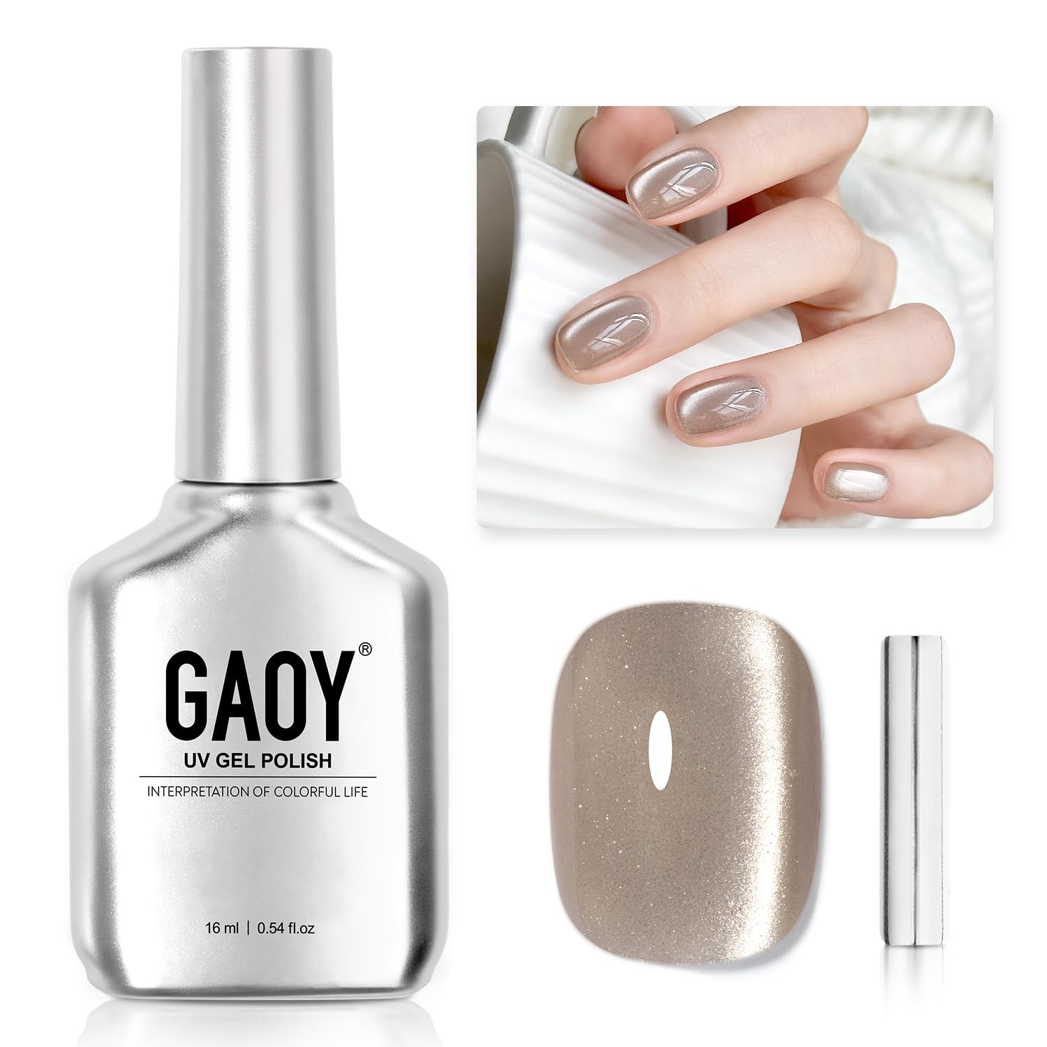 GAOY 16ml Holographic Cat Eye Gel Nail Polish, Reflective Silver Gray 2059