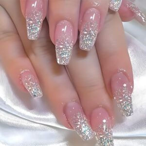 24 Pcs Pink Glitter Press-On Coffin Nails - Reusable Ballerina Designs