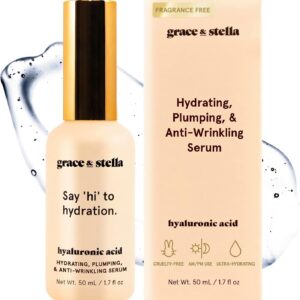 grace & stella Award Winning Hyaluronic Acid Serum (50ml/1.7 fl oz) Hyaluronic Acid Serum for Face - Acido Hialuronico Face Serum for Women - Hydrating Serum Remove Fine Lines, Wrinkles - Anti Aging