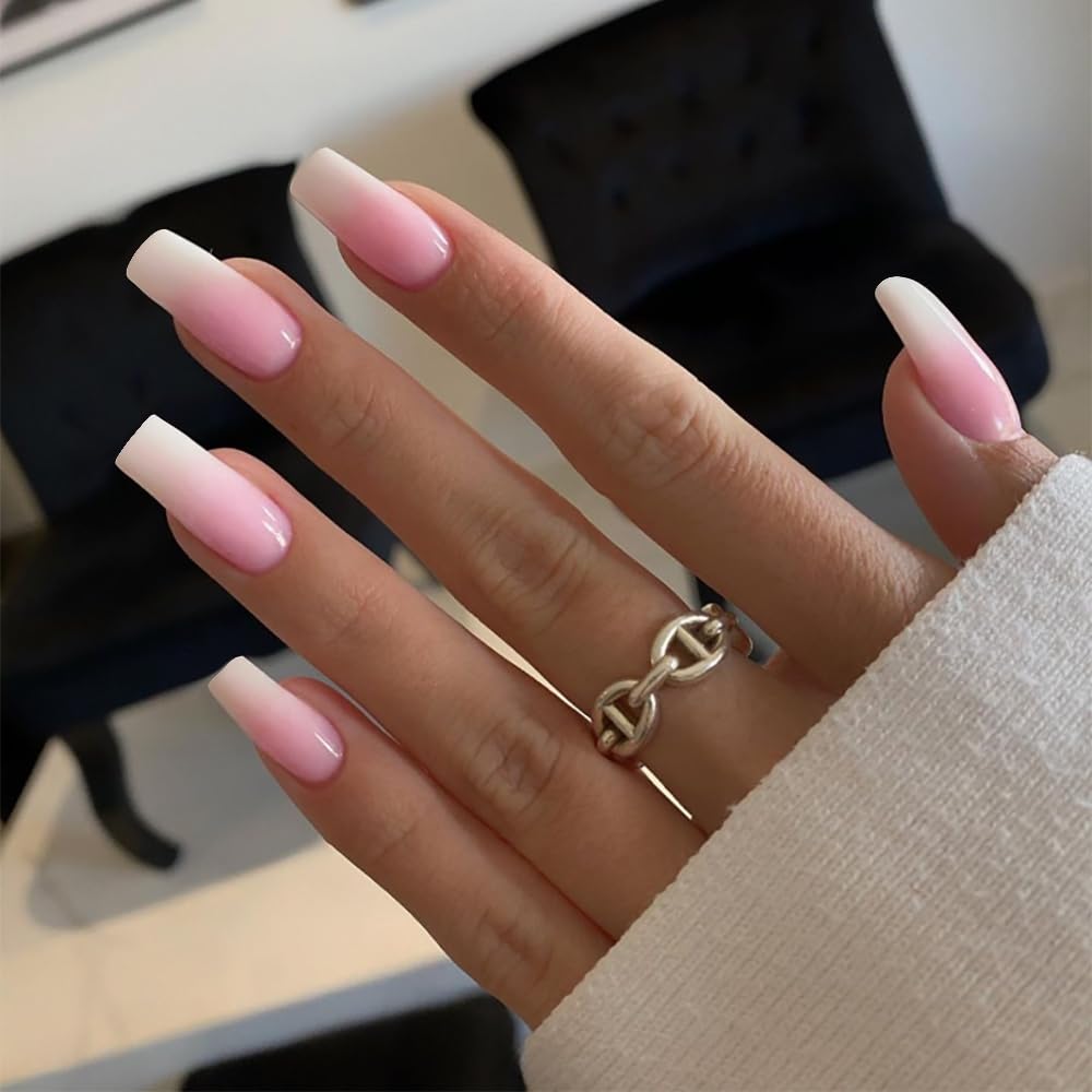 Gradient Pink Ombre Press-On Nails, 24PCS Long Coffin Style for Women - Image 4