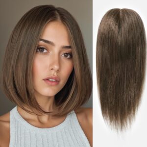 Hair Toppers for Women,100% Real Human Human Hair, Lace Front Mono Top Hand-Tied Base Three Clips in Topper, Hair Loss Cover No Bangs, Hair Extensions for Thinning Hair, Dark Brown(14inch)