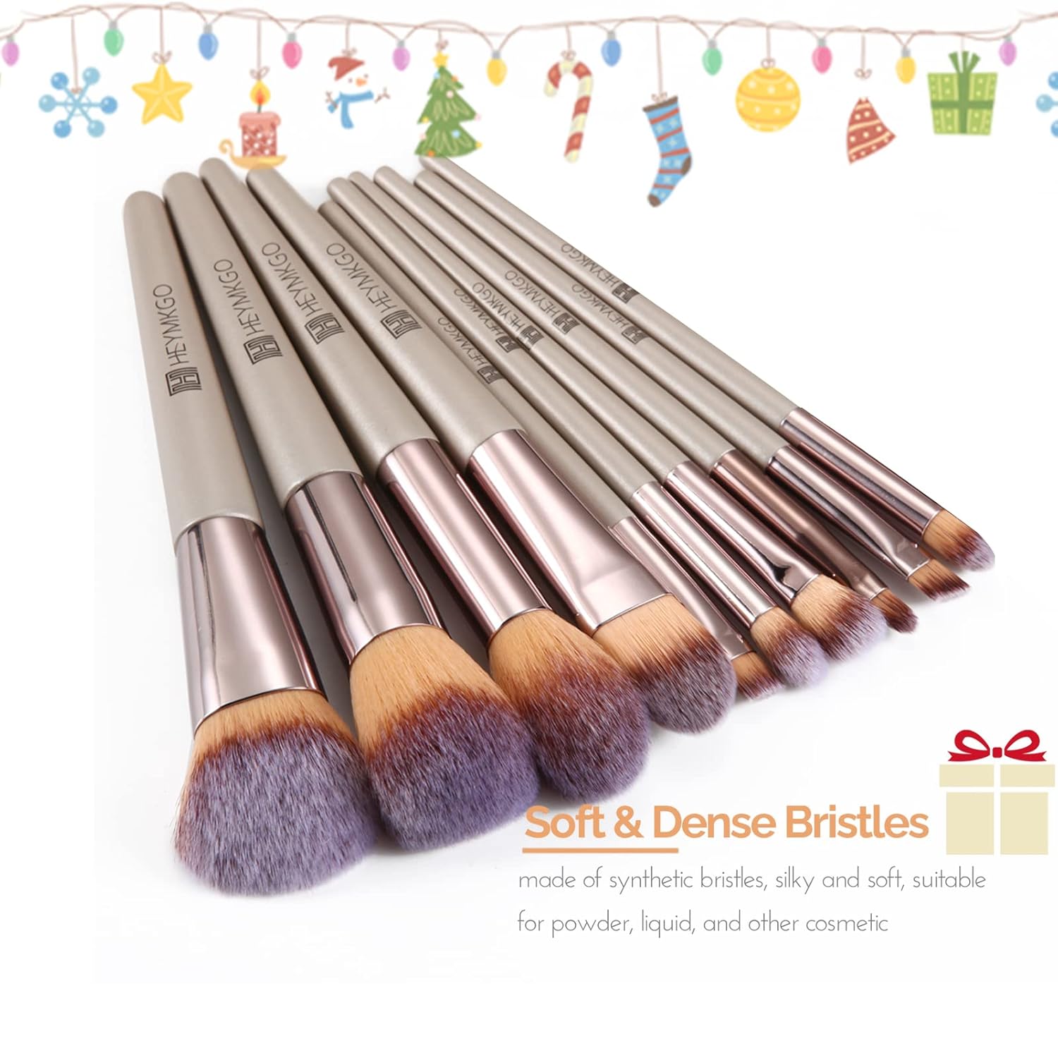 HEYMKGO 10PCS Portable Makeup Brush Set with Cosmetic Bag - Champagne Gold Synthetic Brushes - Image 5